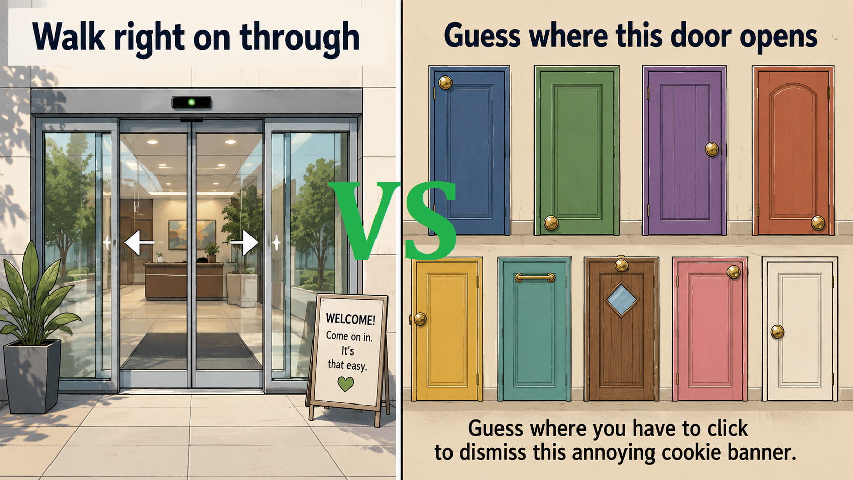 Image contrasting automatic doors with doors with doorknobs in all different places.
